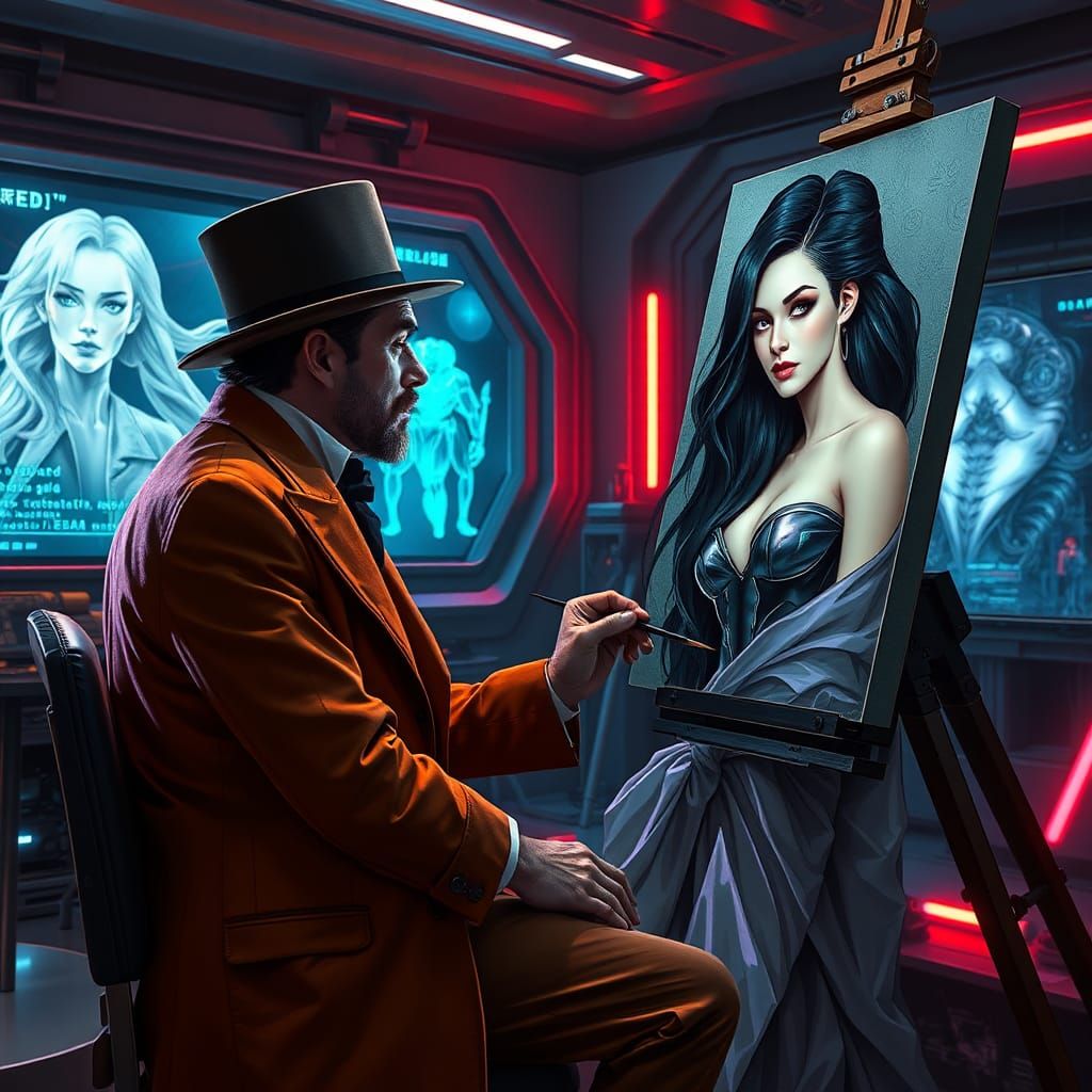 Futuristic Artist Painting Portrait in Sci-Fi Studio