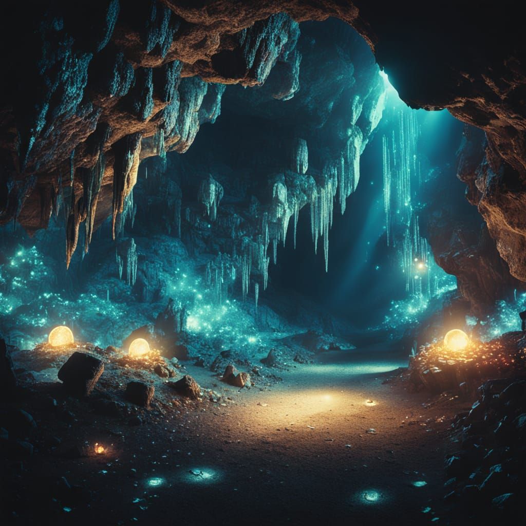 Adventure into a cave of sparkling glittery gems aglow