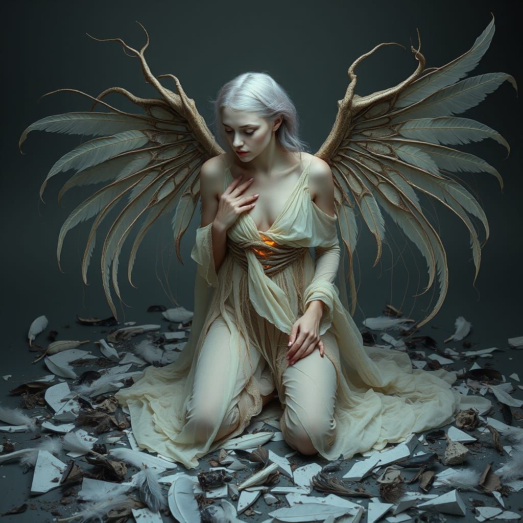 Ethereal Fallen Angel with Tattered Robes and Broken Wings