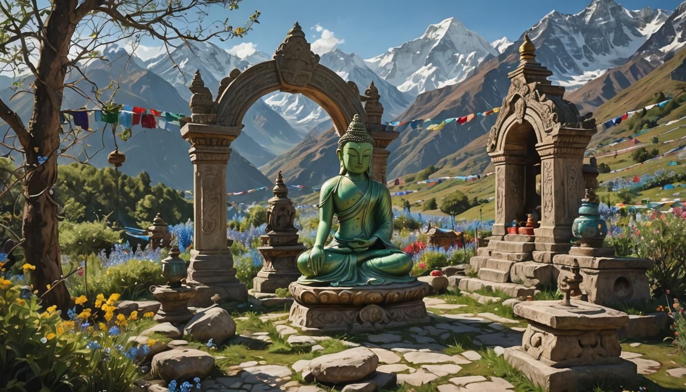 Green Tara Statue with Prayer Flags in Oil Painting