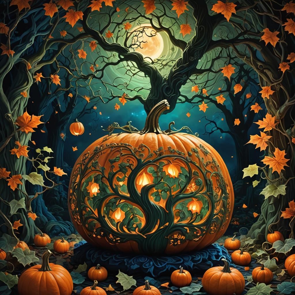 Ornate Pumpkin Containing Mystical Tree, as Fantasy Art