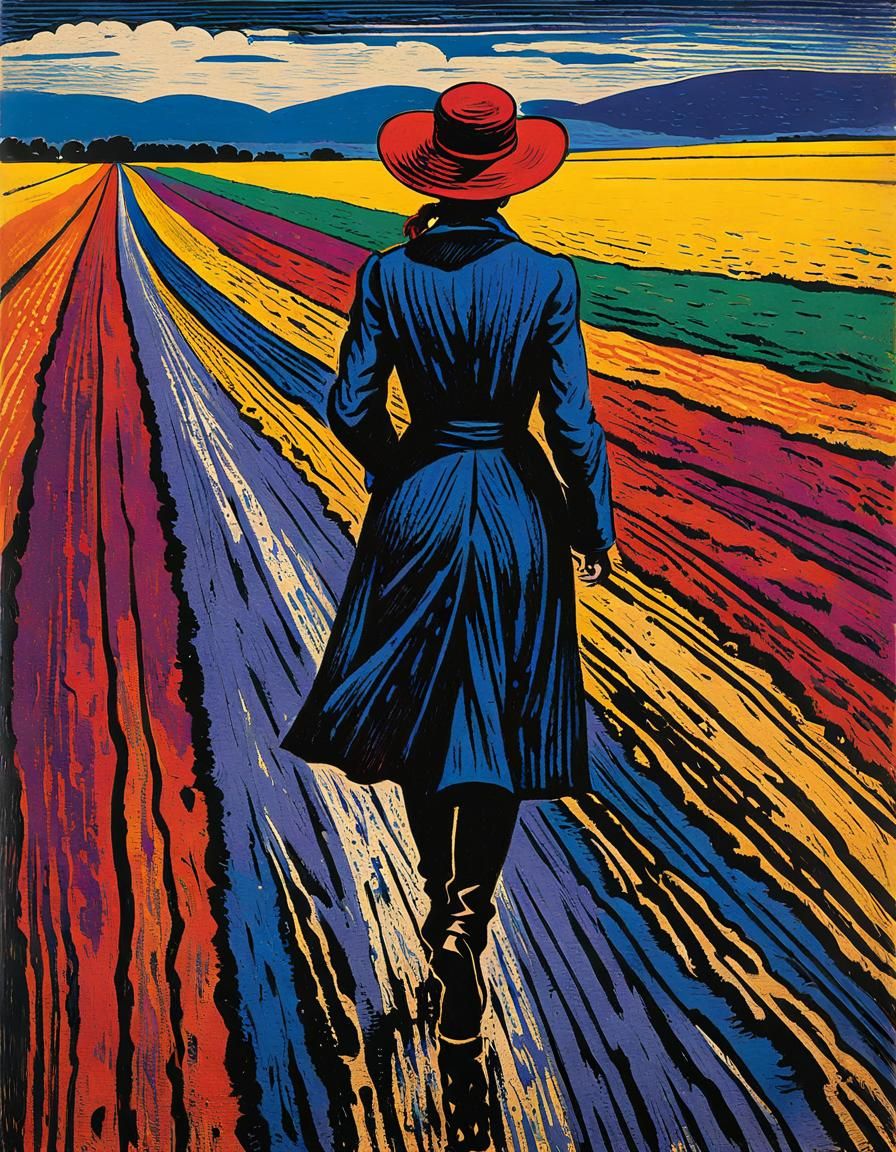 Expressionist woodcut print by Emil Nolde Woman, textured wood surface. Color woodcut print of a full length walking gra...
