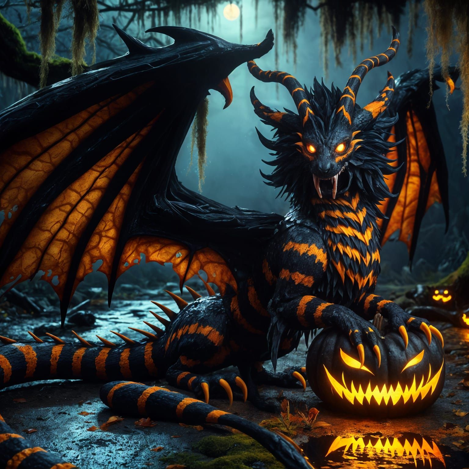 Hybrid Dragon-Cat Creature on Halloween Pumpkin