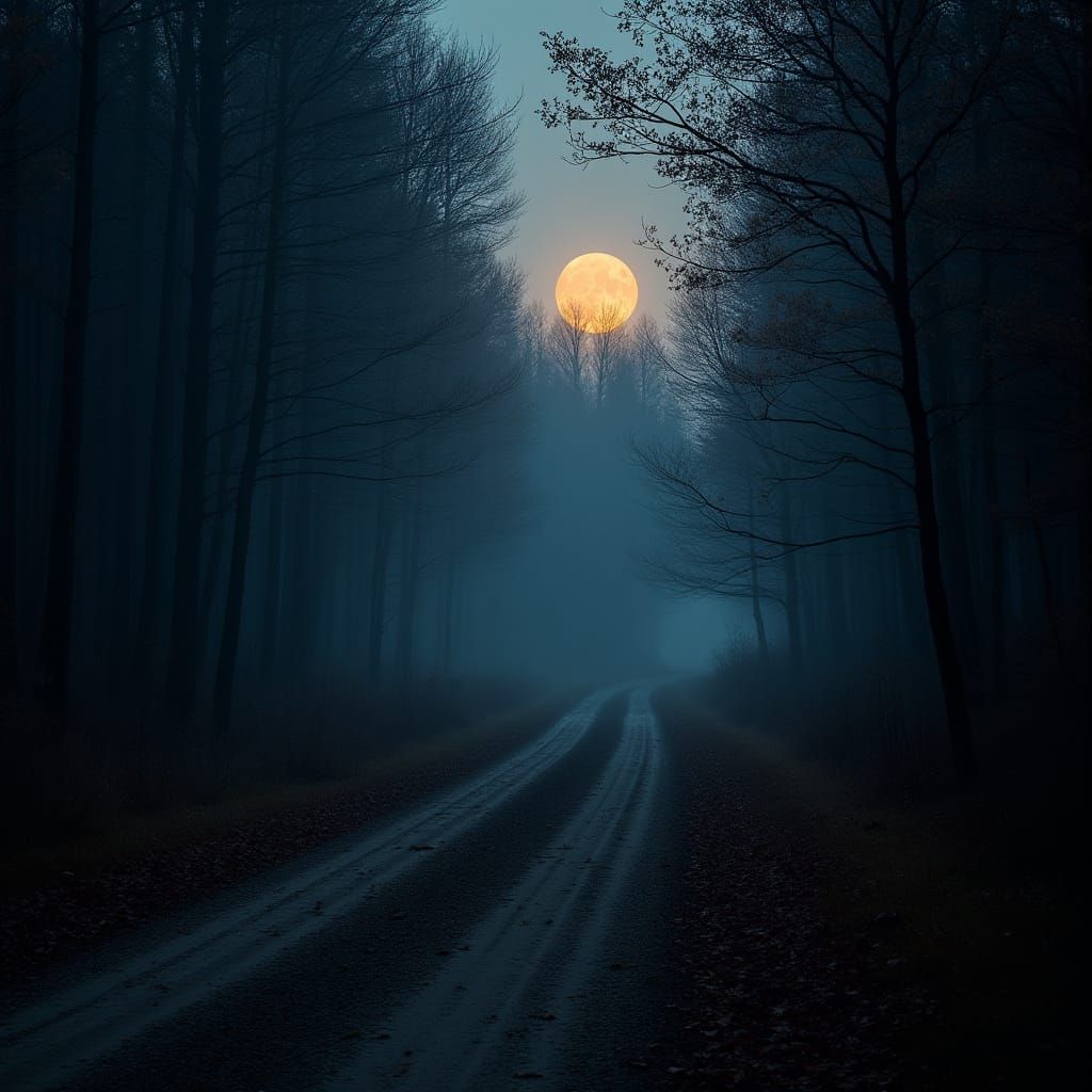 Moonlit Country Road in Misty Autumn Forest