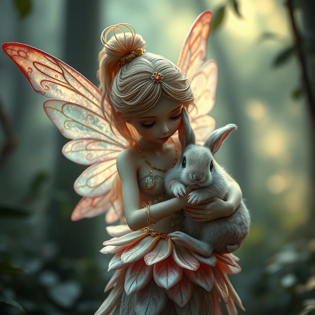 Whimsical Fairy Holding a Fluffy Bunny in a Dreamlike Forest