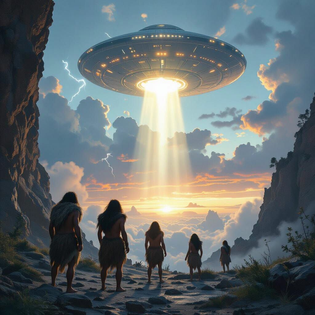 Cavemen Gaze at UFO Arrival in Cinematic Style