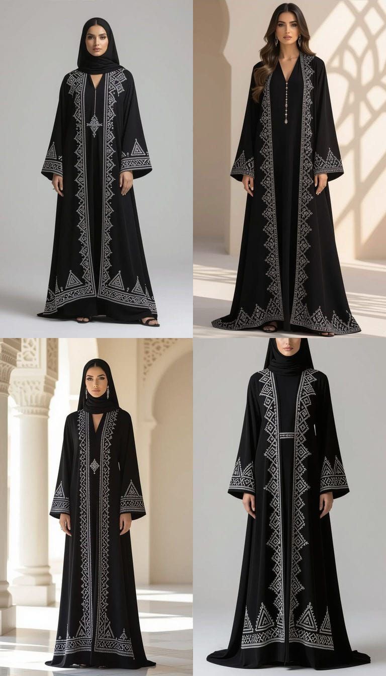Elegant Black Abaya with Silver Sadu Art and Geometric Embro...