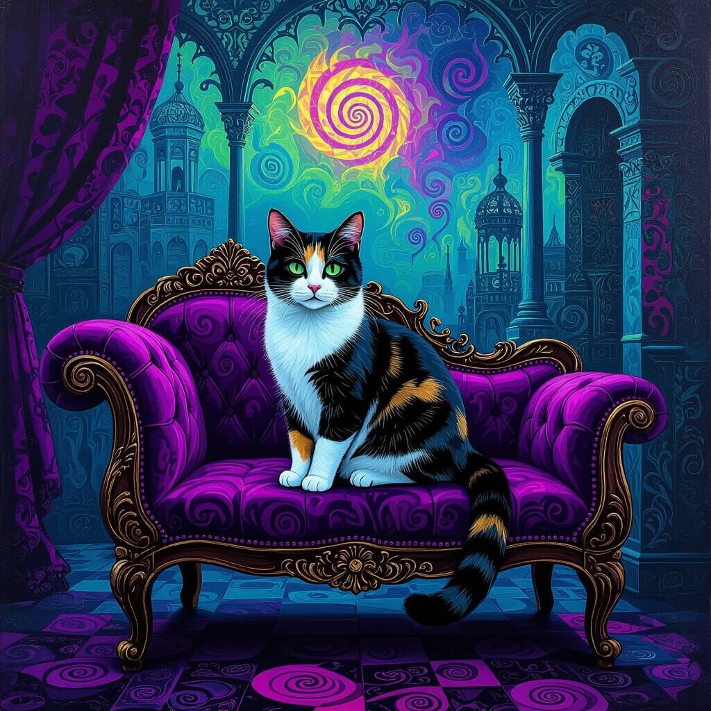 Calico Cat on Victorian Lounge in Psychedelic Style