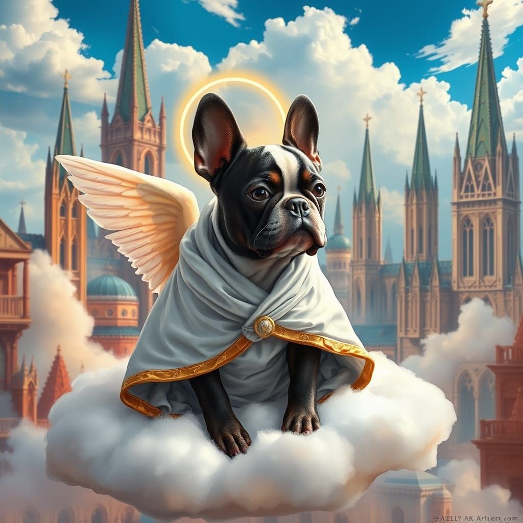 Boston Terrier Angel in Dreamlike Cityscape