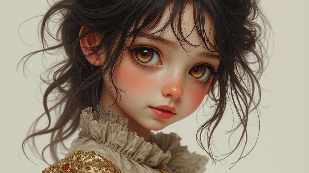 Portrait of Young Girl with Fantasy Clothes in Pencil Style