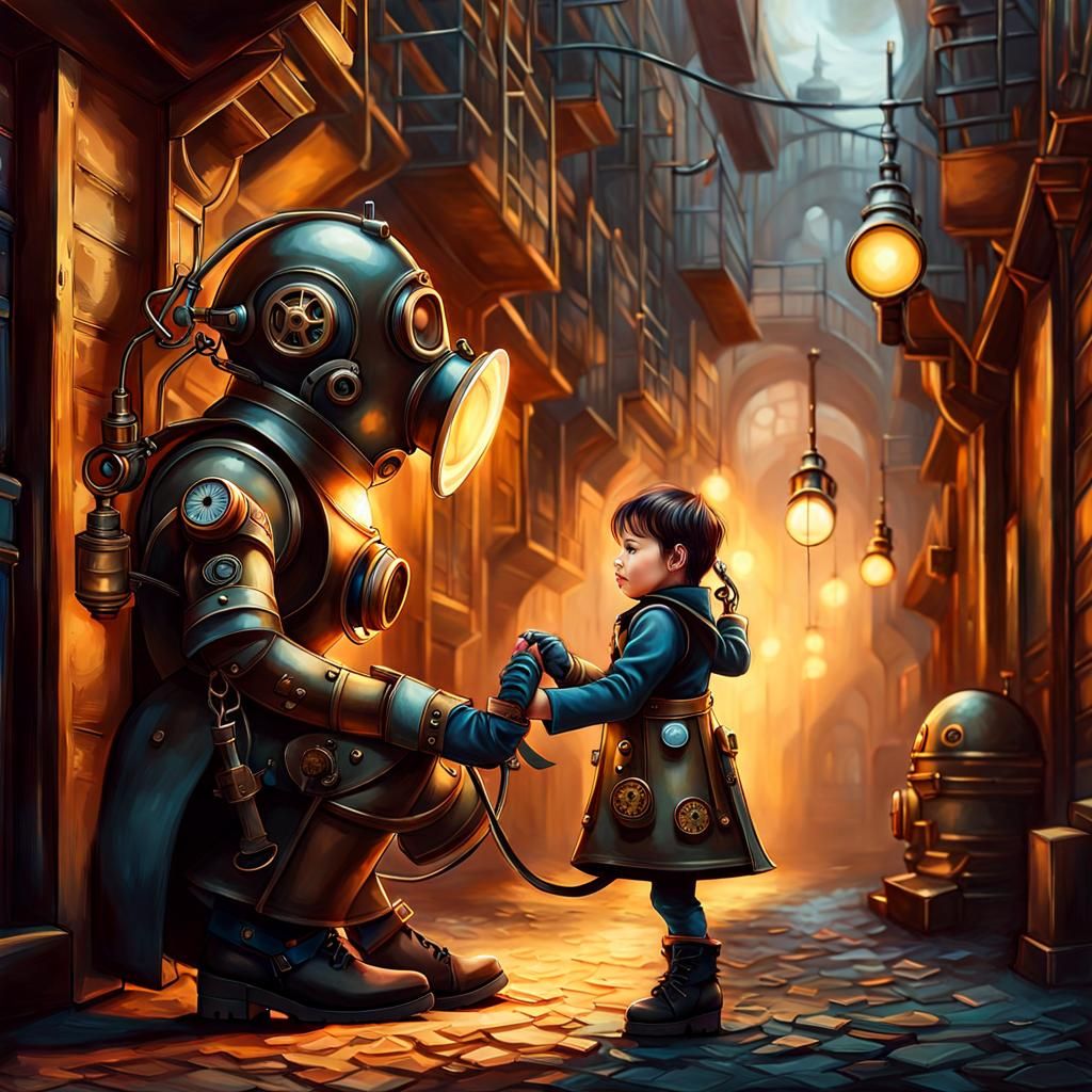 Steampunk Girl with Cyborg Pet in Volumetric Lighting