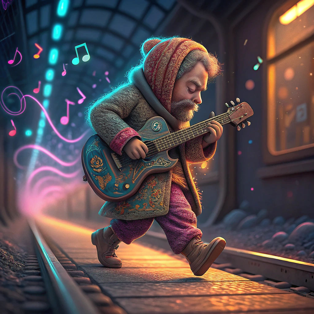 Miniature Man Runs on Guitar String