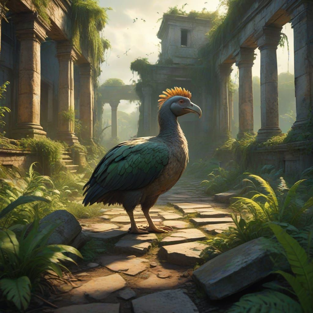 Dodo Bird in Overgrown Ruins as Oil Painting