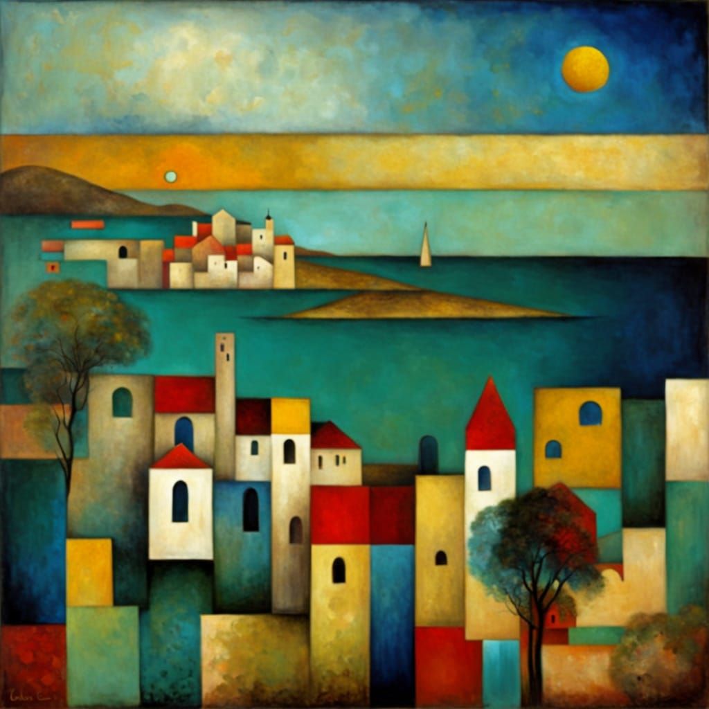 Surreal Mediterranean Coast Abstract Oil Painting