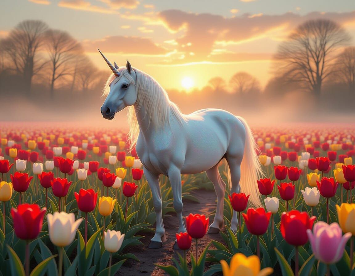 Majestic Unicorn in Vibrant Tulip Garden at Dawn