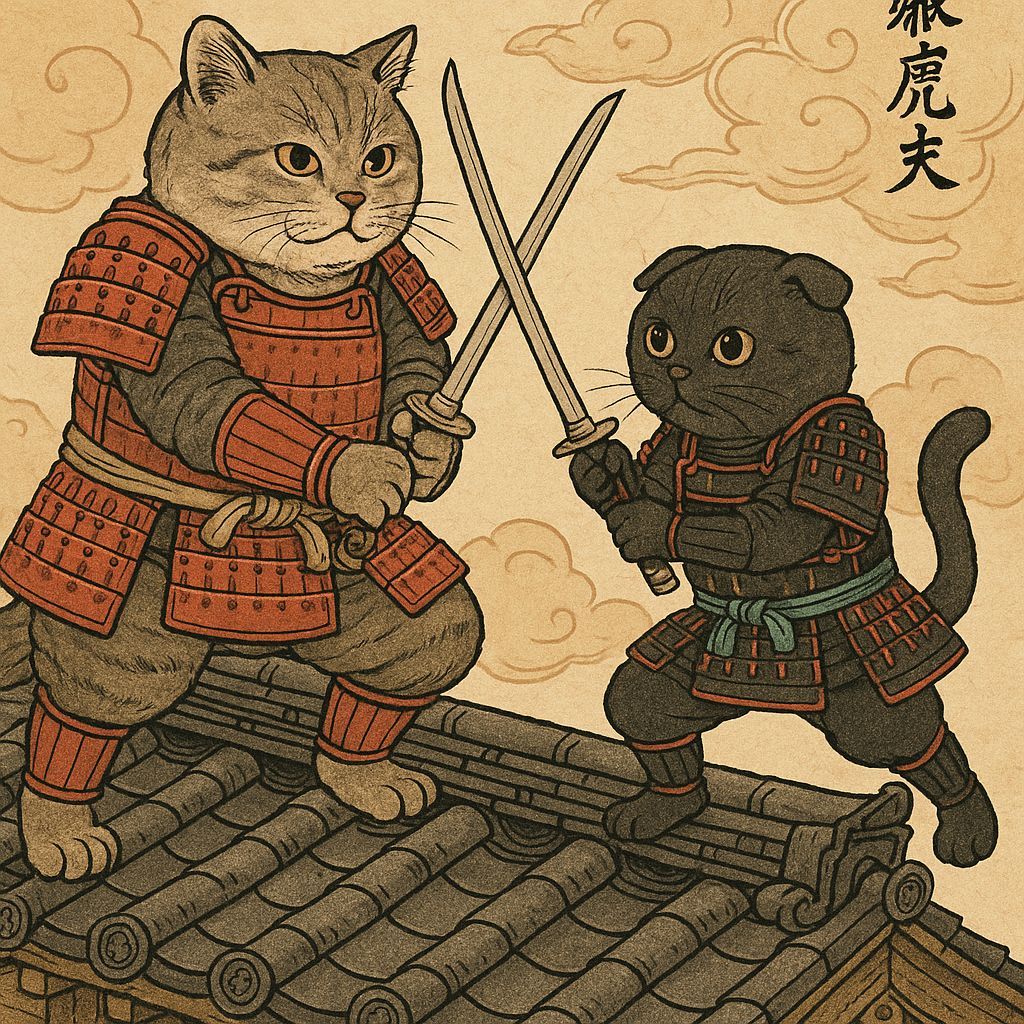 Samurai Cats Duel on Japanese Rooftop