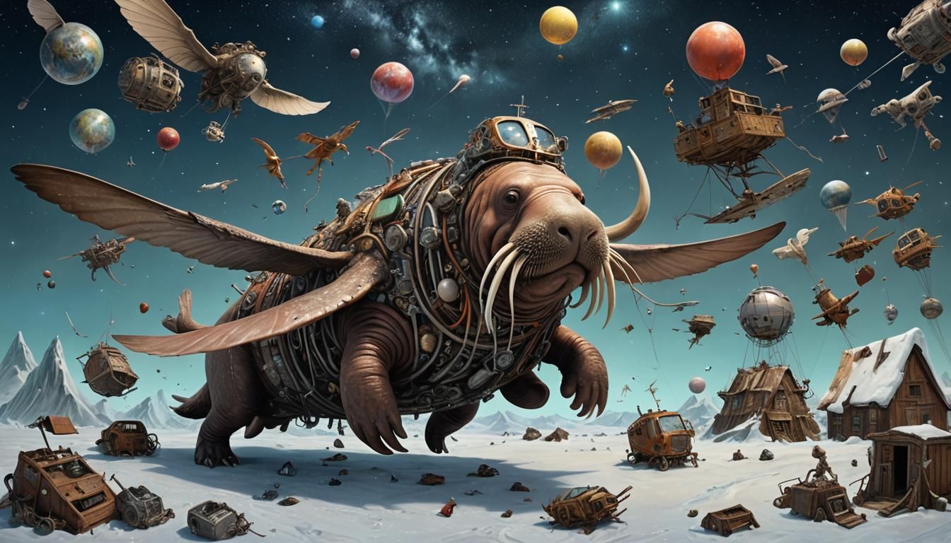 Winged Walrus Soaring in Frozen Space, Surreal Fantasy