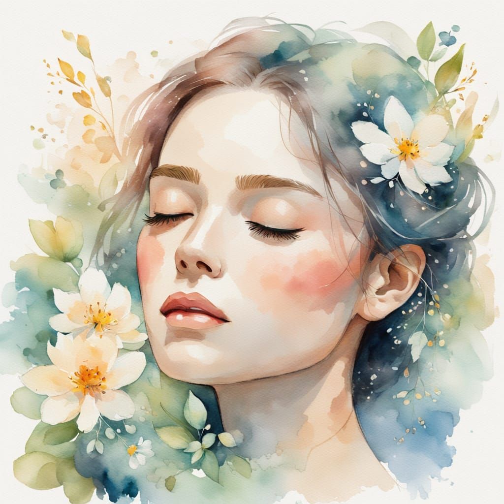 Soft Watercolor Portrait of a Dreamy Woman Amidst Blooming F...