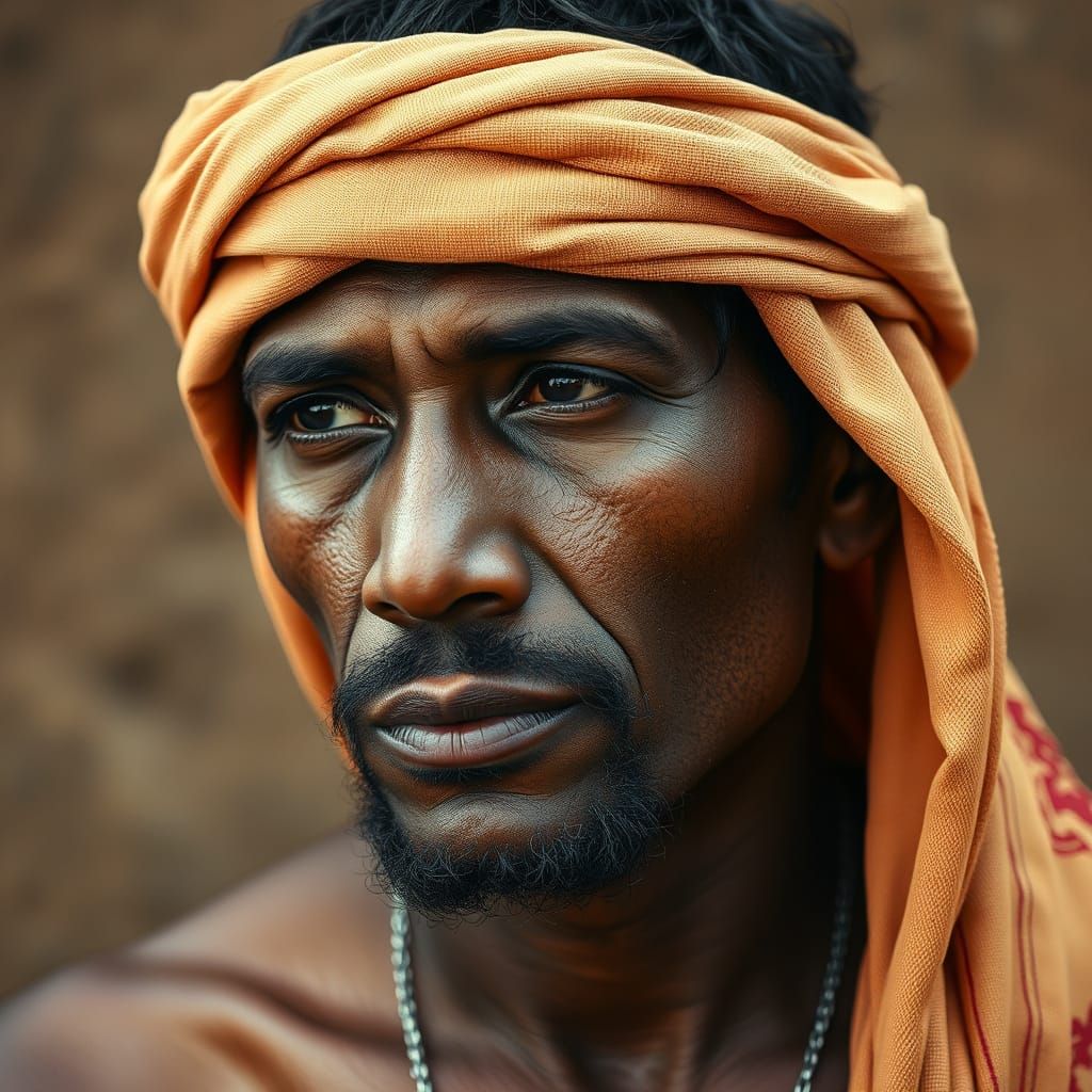 Thoughtful Man in Headdress Close-Up