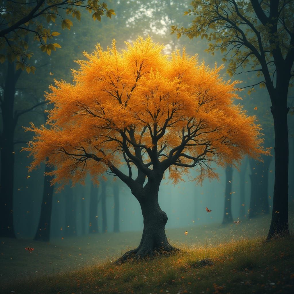 Glowing Tree Surrounded by Magical Creatures