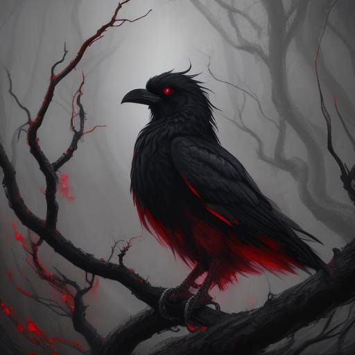 Lovecraftian Alien Raven with Red Eyes