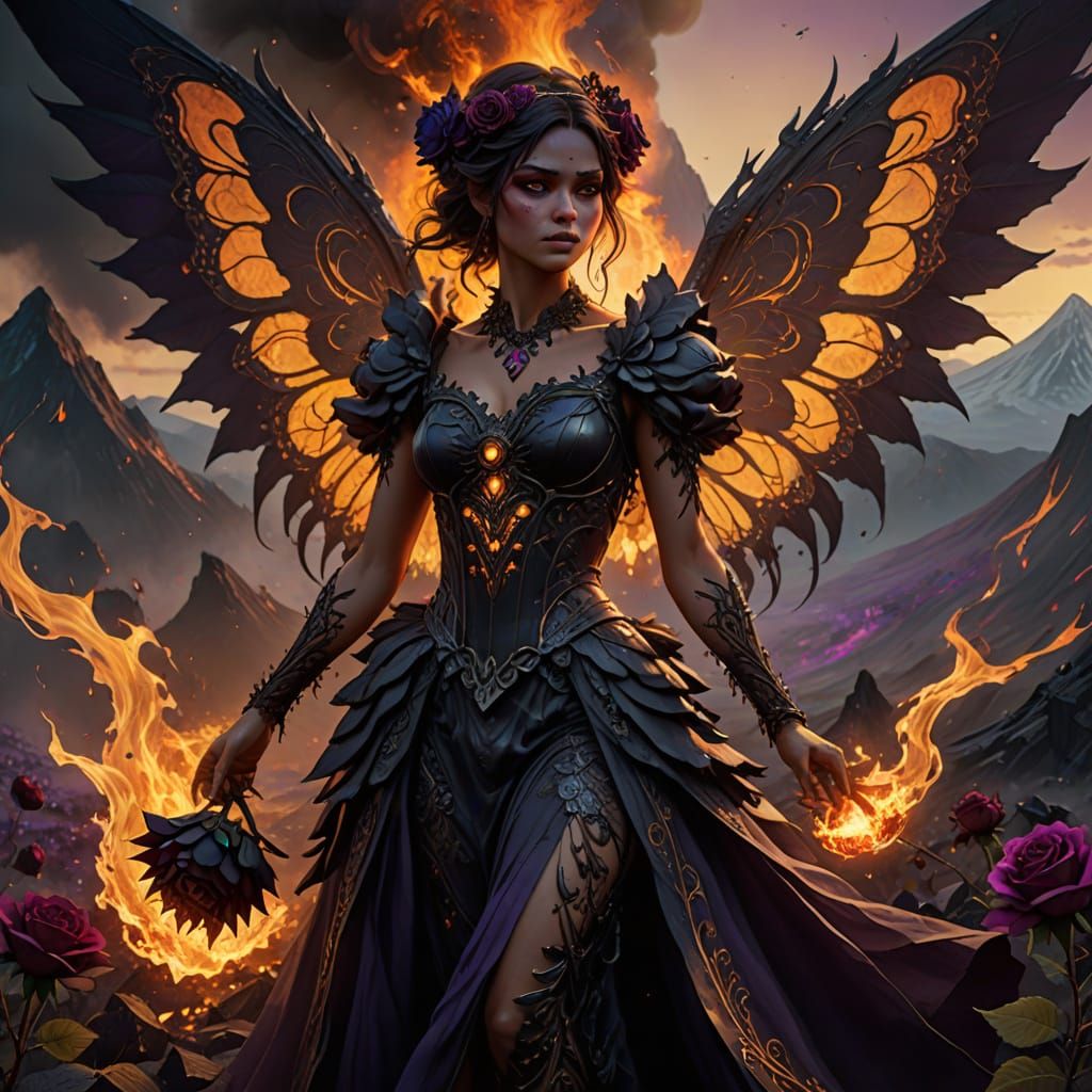 Evil Dark Fairy on Volcano in Dark Fantasy Style