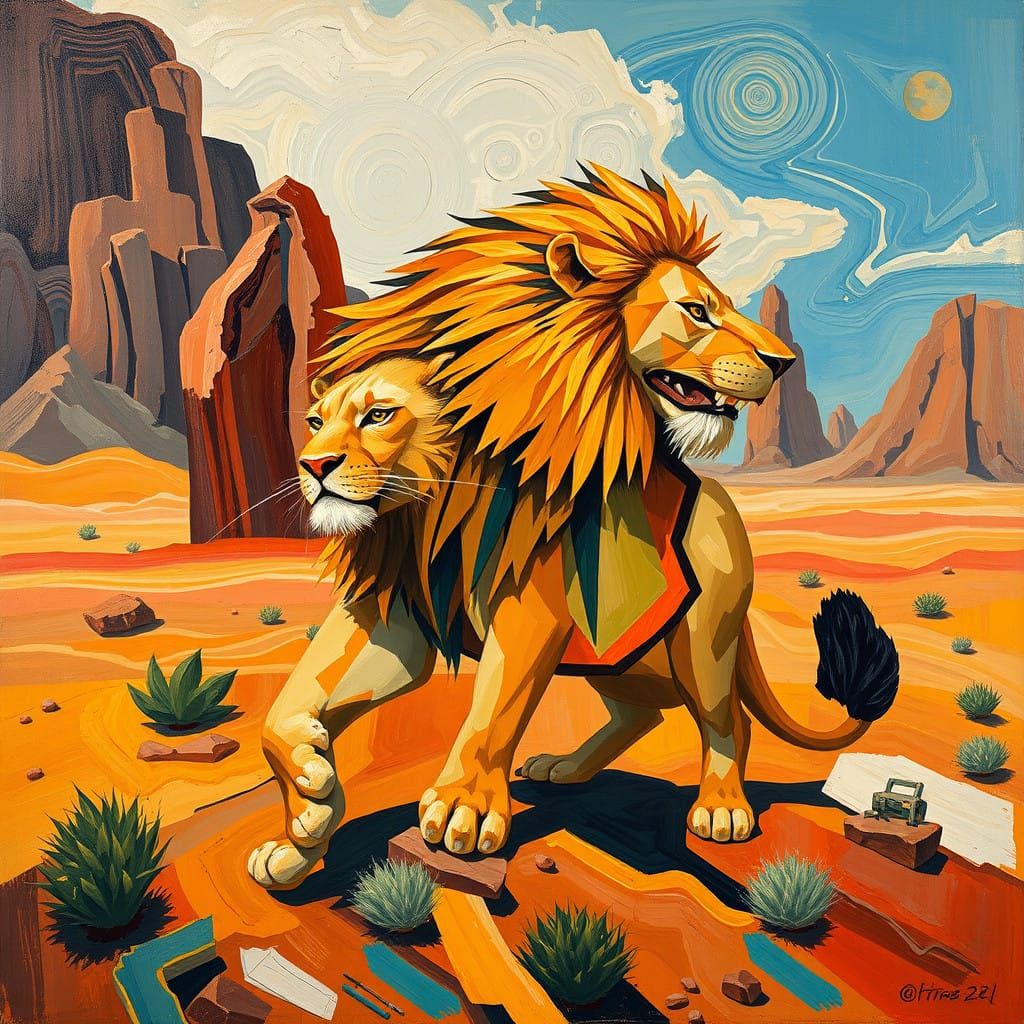 Vibrant Cubist Lion in Avant-Garde Oil Painting