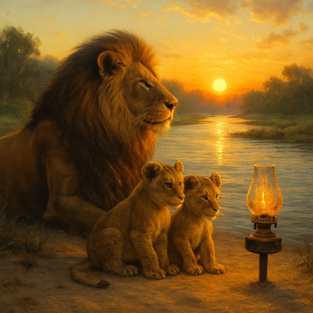 Lion Family Sunrise by Riverbank