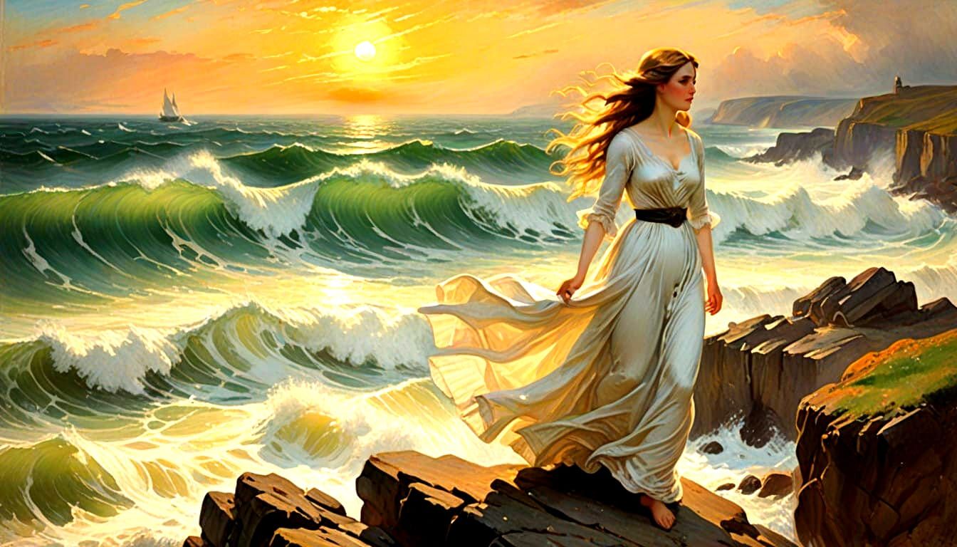 Lady in White Stands Firm Against Turbulent Ocean Waves