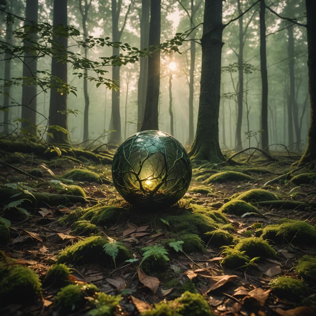 Ethereal Green Orb in a Misty Forest, Low-Angle Photography