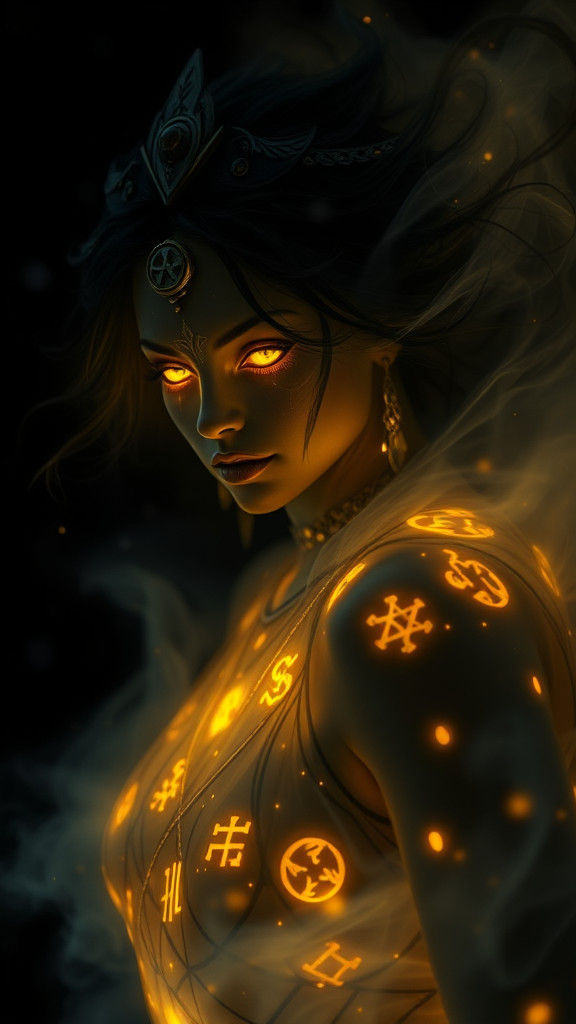 Ethereal Gypsy Woman with Glowing Runes in Digital Art