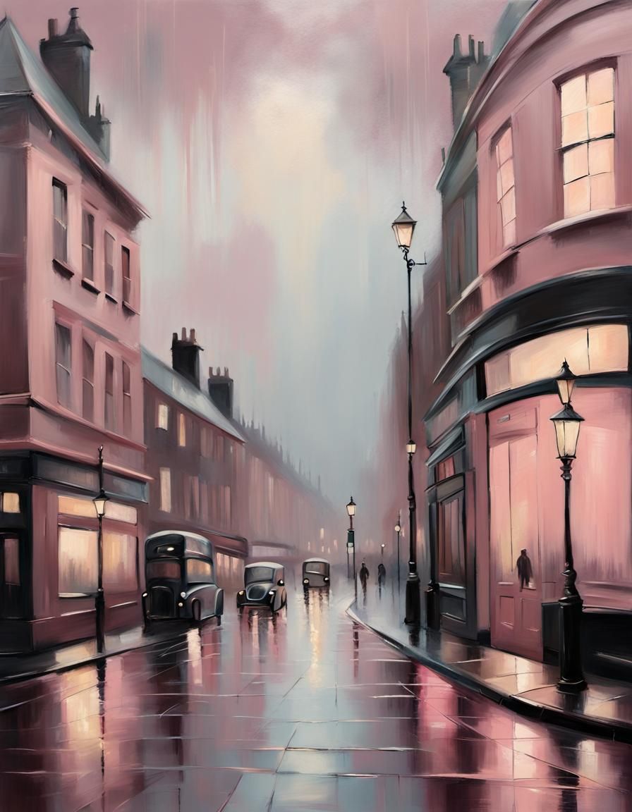 Rainy London Street in Dusky Pink Tones