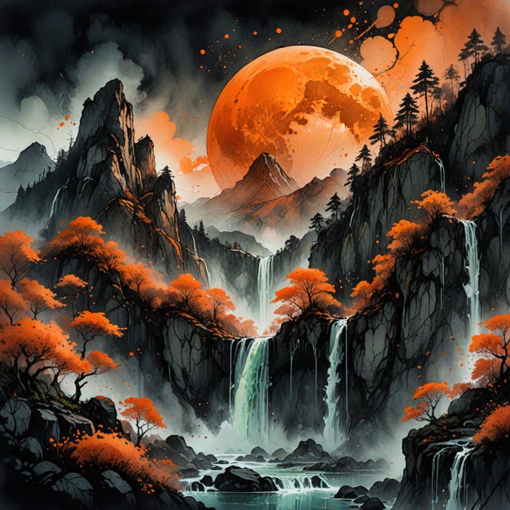 Luminous Dark-Orange Moon Illuminates Vibrant Spring Landsca...