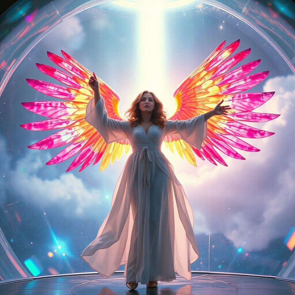 Heroic Angel in UFO with Iridescent Wings