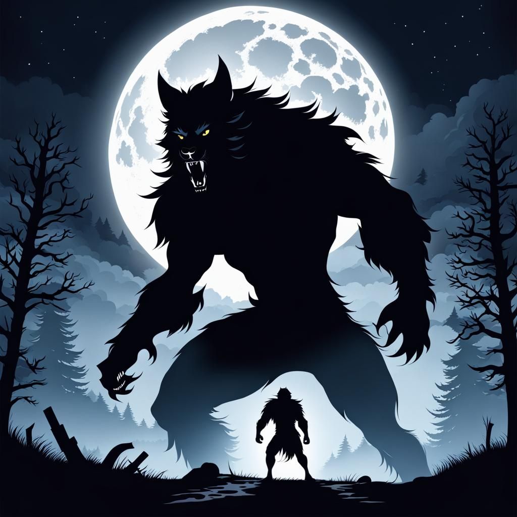 Werewolf Transformation Silhouette Under Full Moon