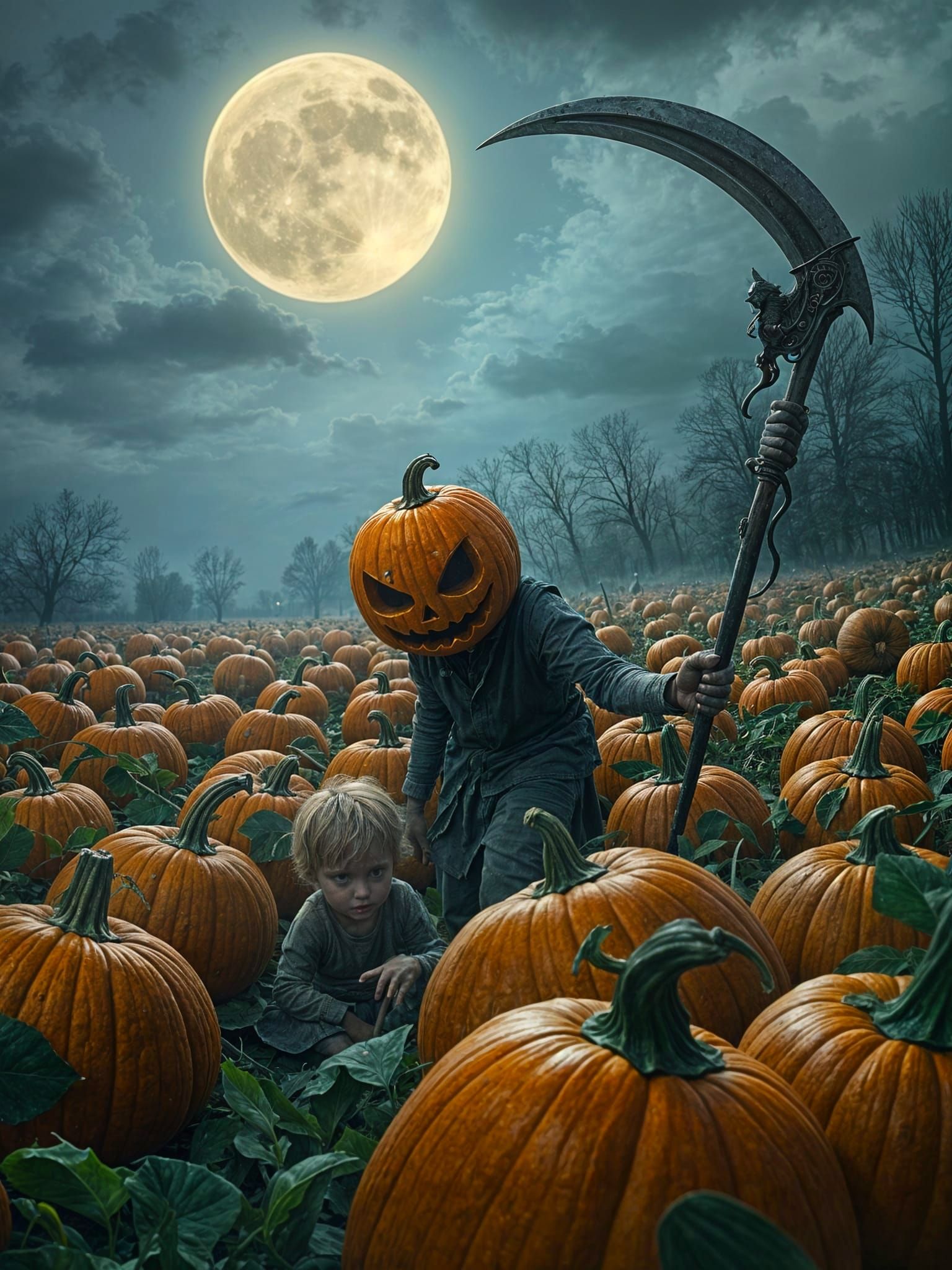 Pumpkin Head Farmer With Scythe in Moonlit Field