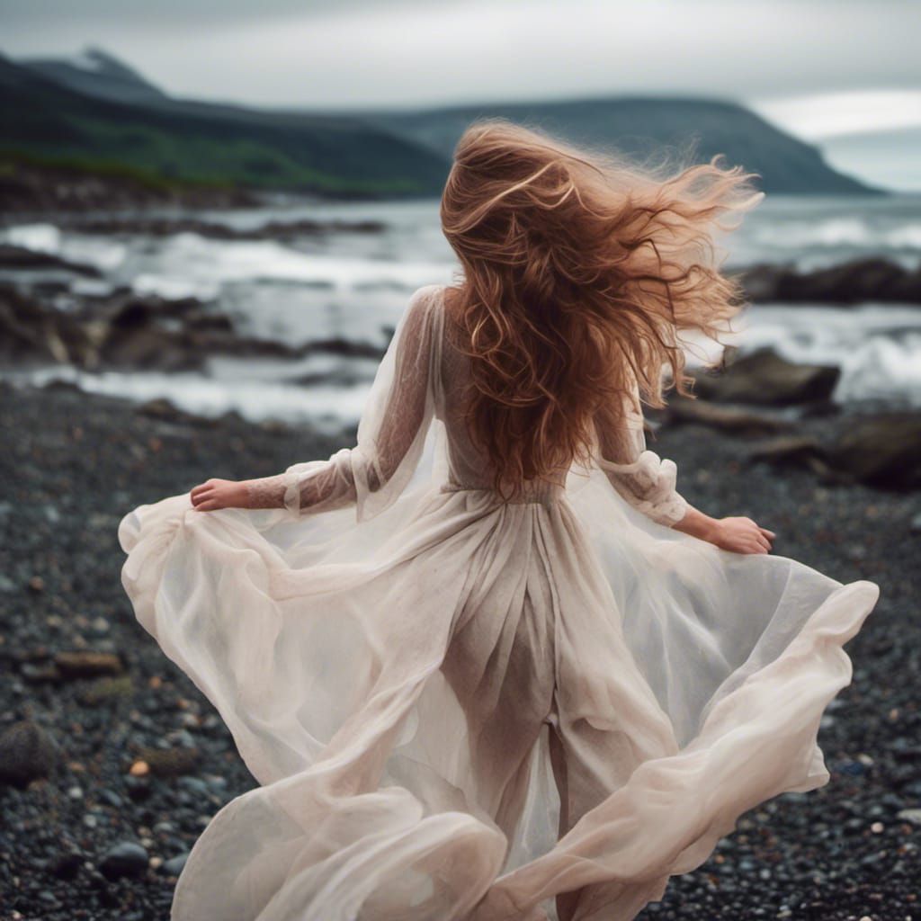 Woman with Flowing Hair on a Windy Beach