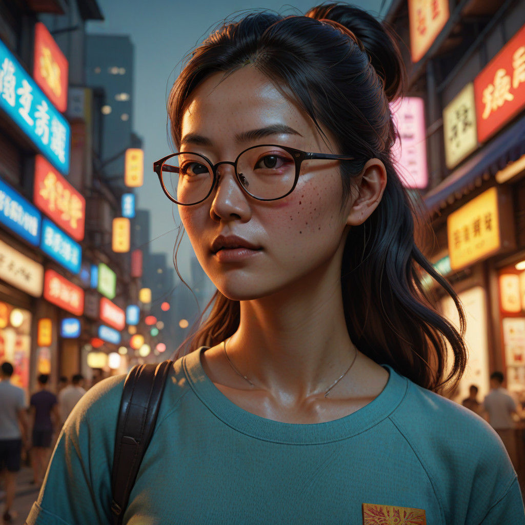 Serene Nerdy Beauty in Vibrant Hyperrealistic Art