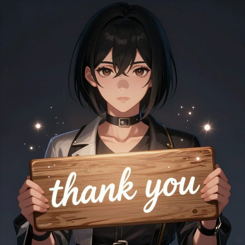 Anime Woman Holds 'Thank You' Board with Magical Sparkles