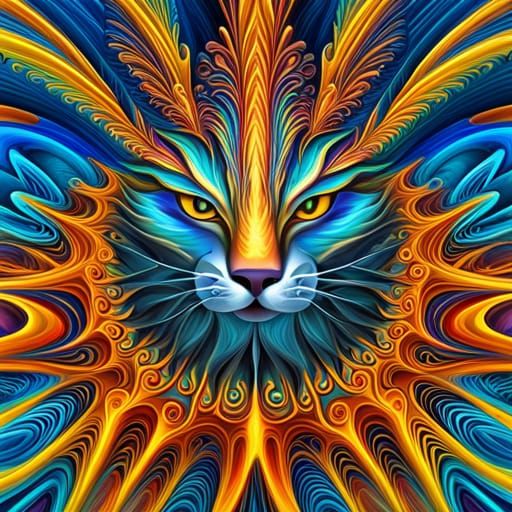 Trippy Fire Cat in Psychedelic Mixed Media Style
