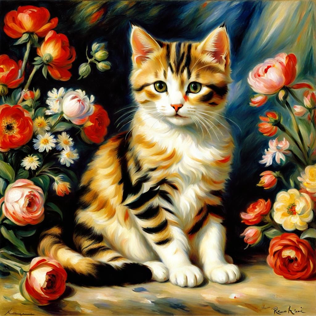 Cat and Flowers Painting in Impressionist Style