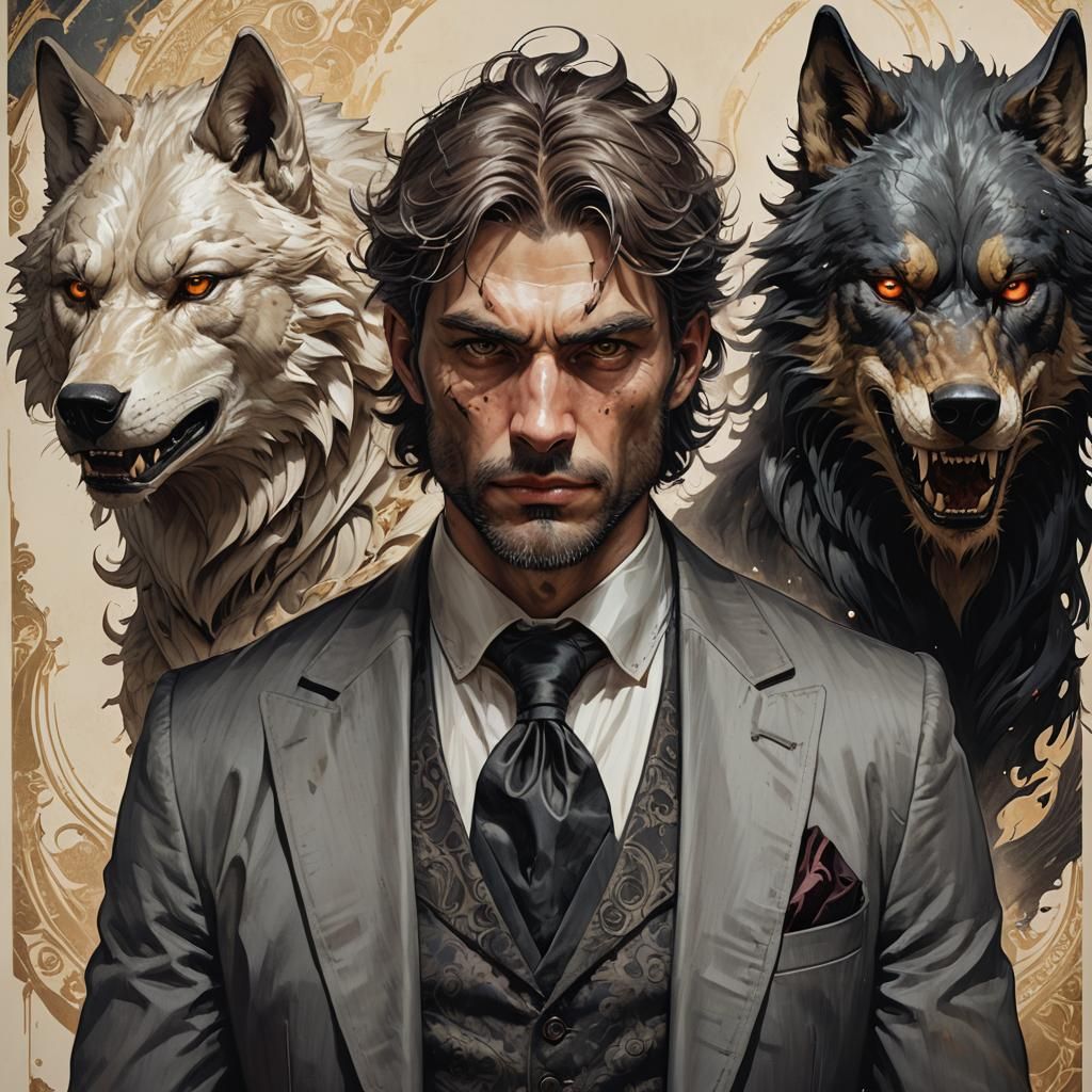 Duality Portrait: Man and Beast in Gothic Horror Style