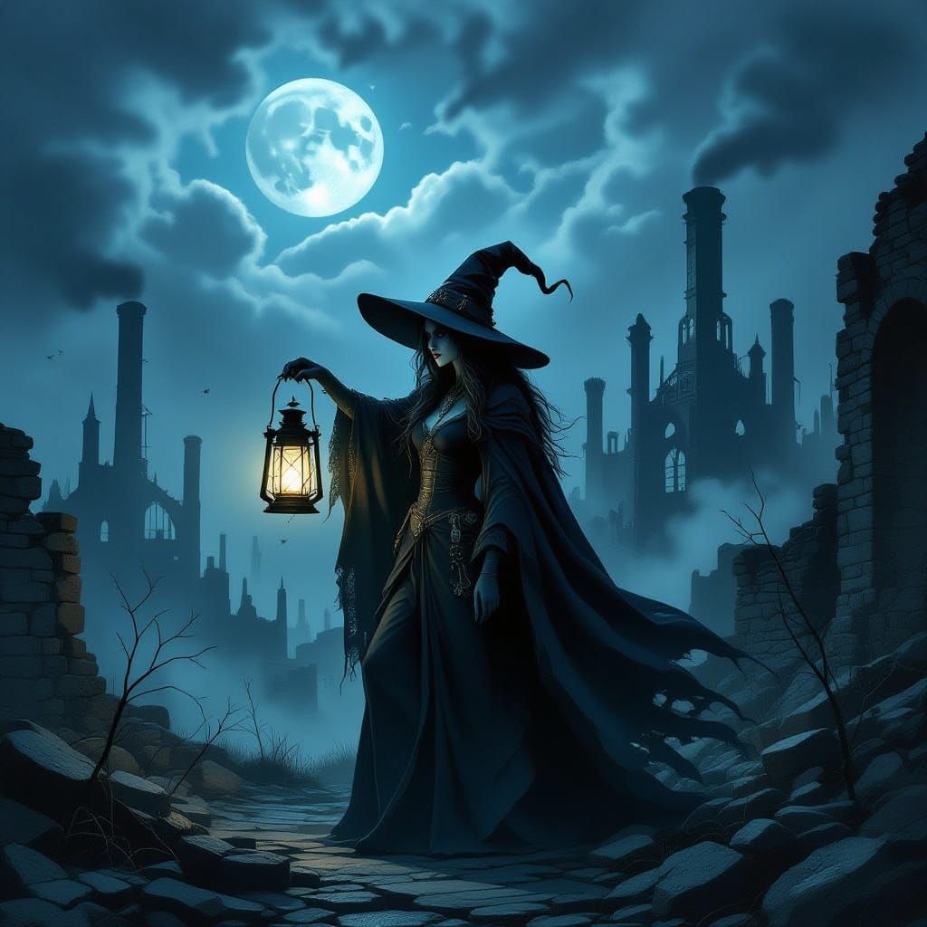 Gothic Witch in Ruined City with Spectral Lantern