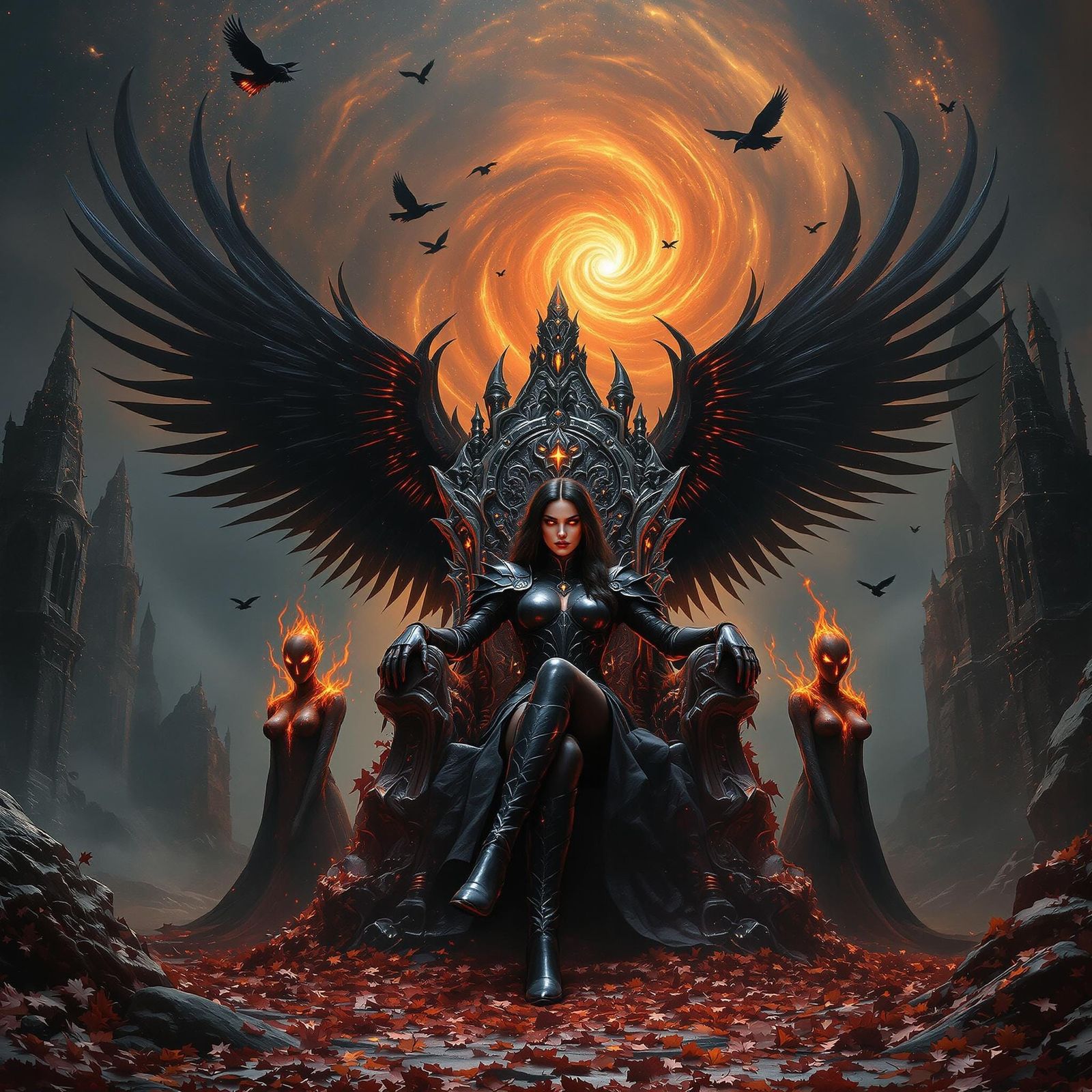 Winged Goddess on Jasper Throne in Dark Fantasy Style