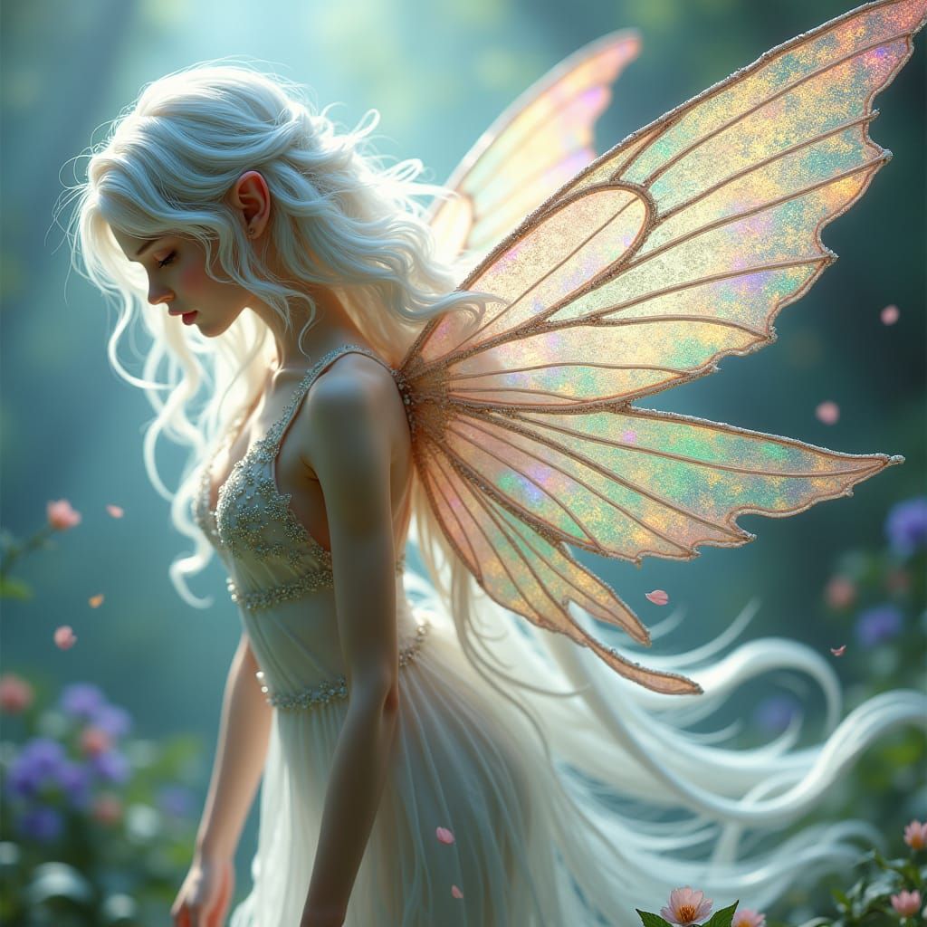 Ethereal Porcelain Fairy with Iridescent Wings