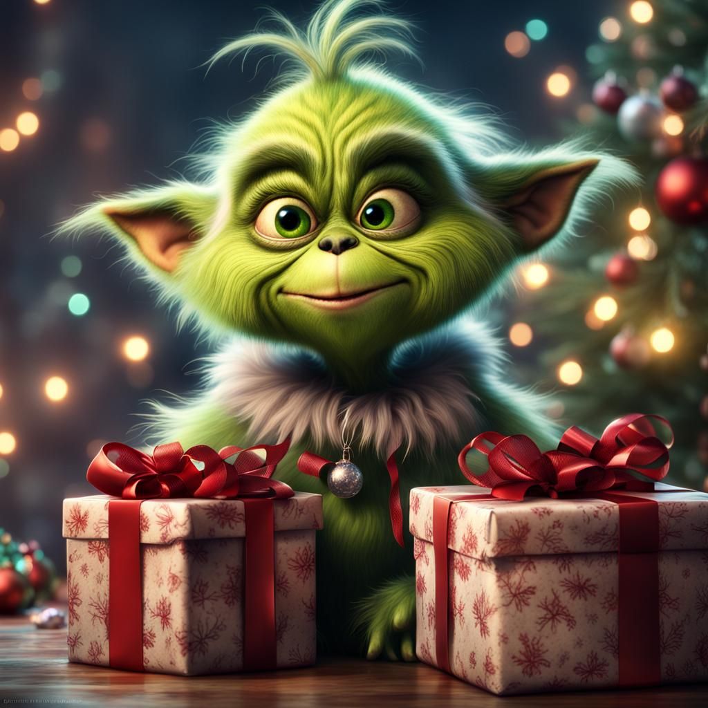 Fluffy baby Grinch with gifts for Christmas
