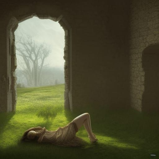 Sad Woman in Ruined Castle, Dark Fantasy Art