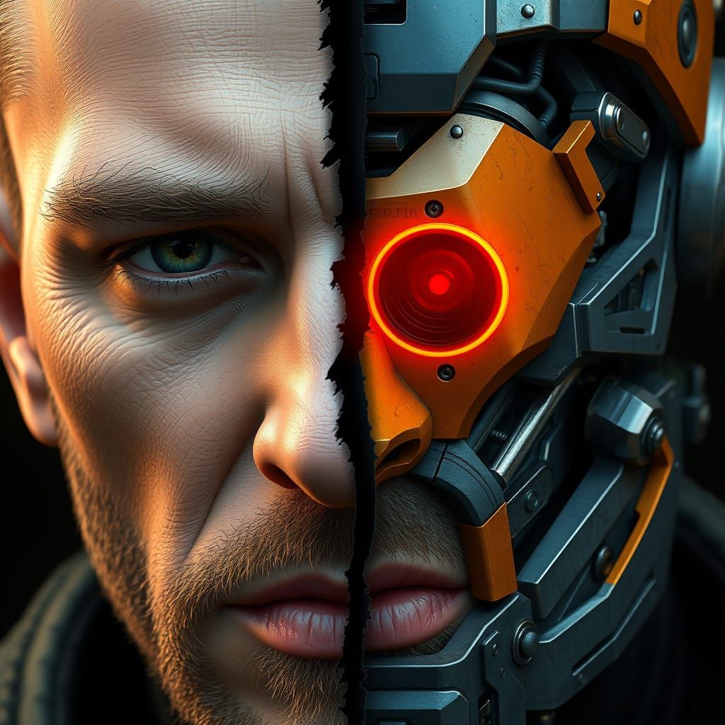 Cybernetic Man with a Glimmering Red Eye