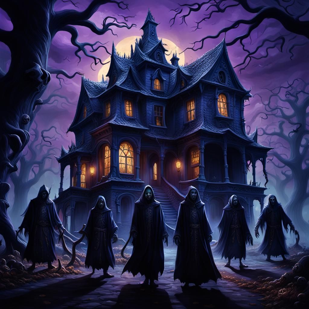 Eerie Haunted House with Ghouls: Dark Fantasy Matte Painting
