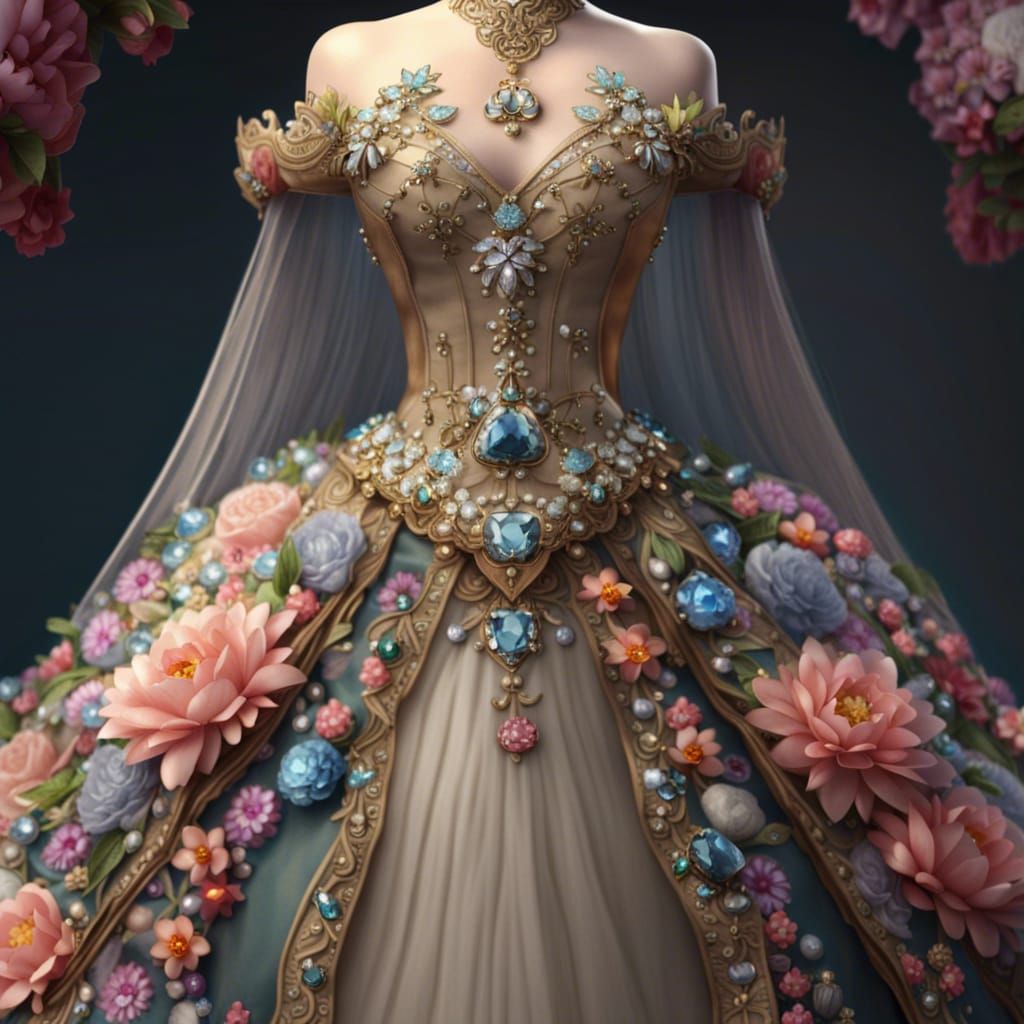 Elaborate Victorian Dress with Jewelry and Flowers
